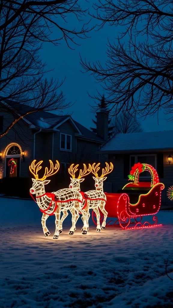A festive display of lighted reindeer and sleigh in a snowy outdoor setting.
