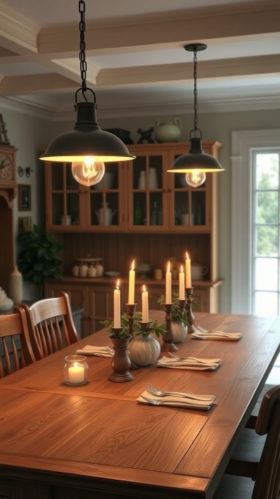 Farmhouse kitchen table with pendant lights and candles