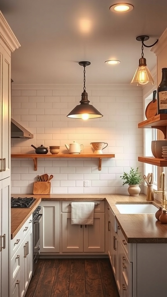 A small farmhouse kitchen with warm lighting, featuring pendant lights and wooden shelves.