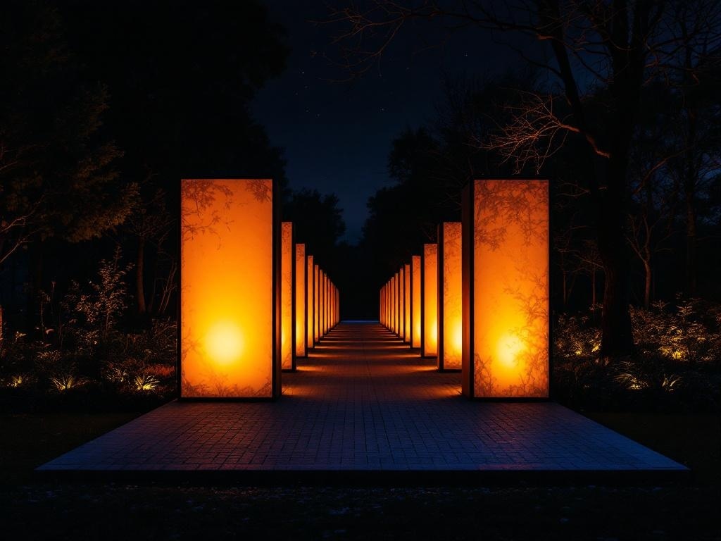A pathway lined with glowing orange panels at night, creating a warm and inviting atmosphere.