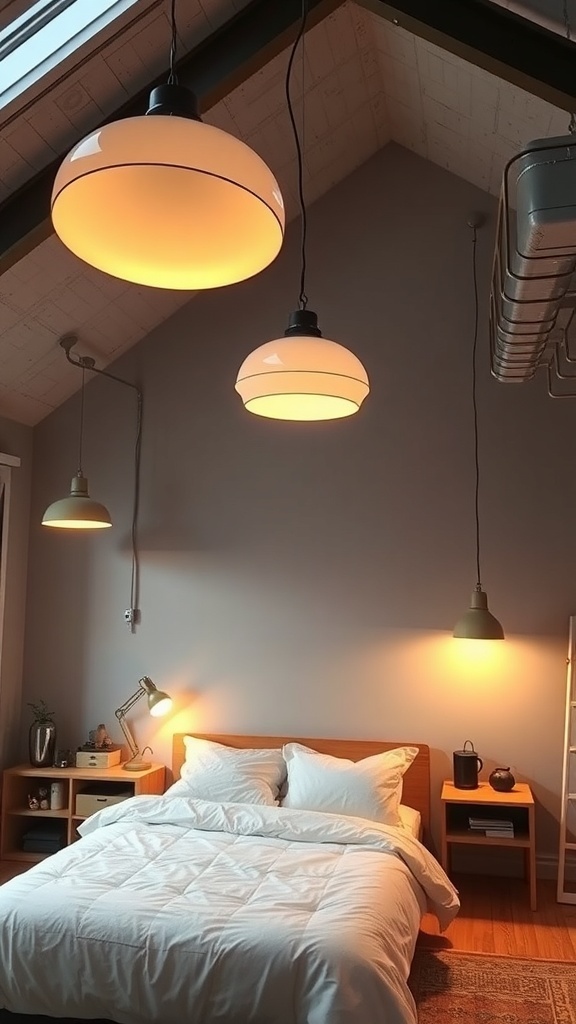 A cozy loft bedroom with stylish pendant lights and a warm atmosphere.