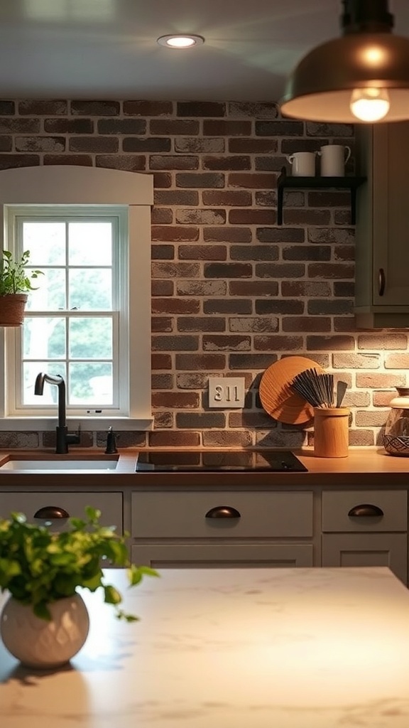 A cozy farmhouse kitchen with a brick backsplash and warm lighting.