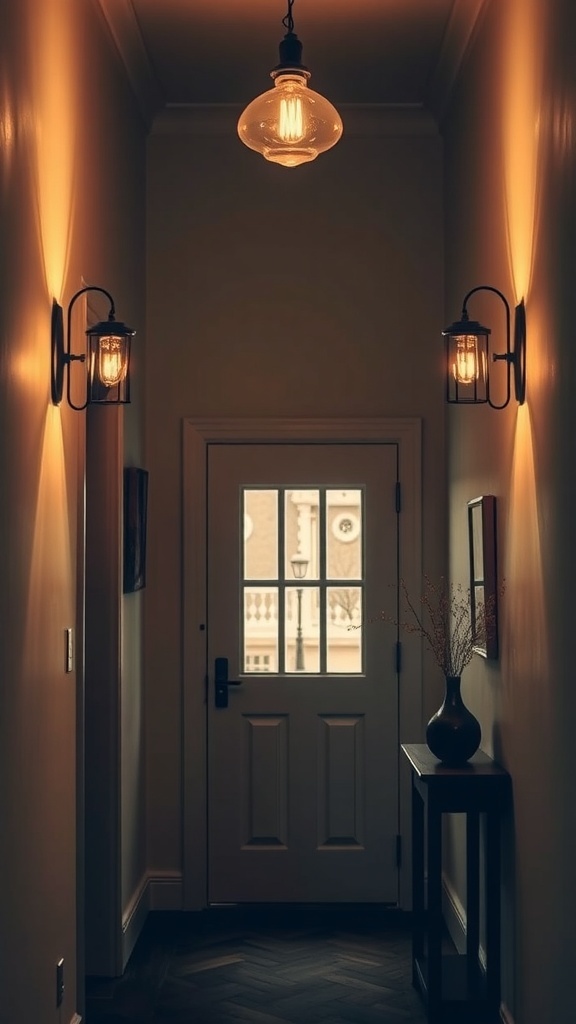 A cozy entryway with wall sconces and a pendant light, showcasing warm lighting.