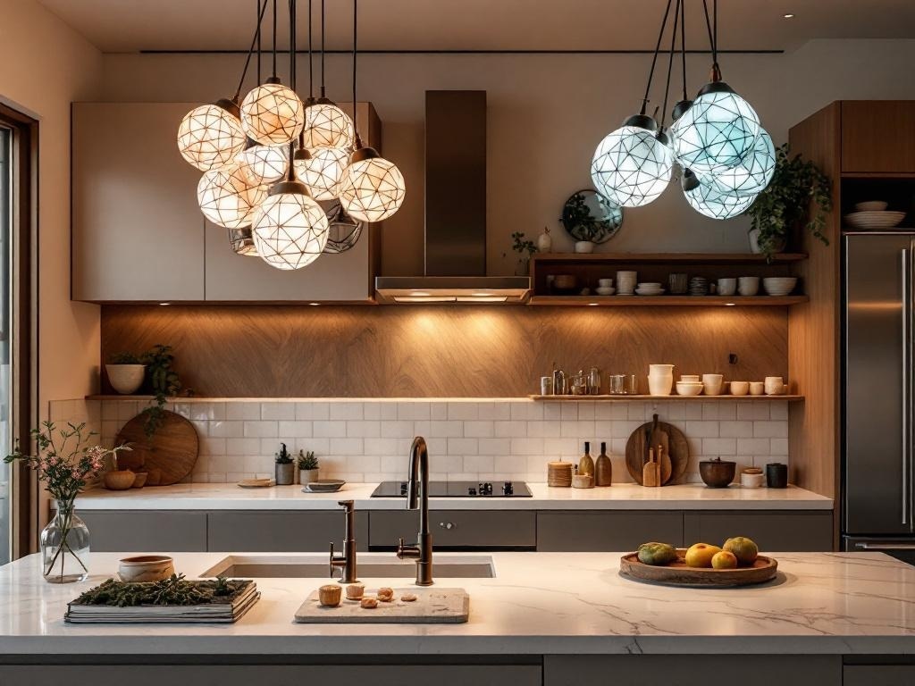 A modern kitchen featuring unique pendant lights above the island, showcasing a blend of warm and cool tones.