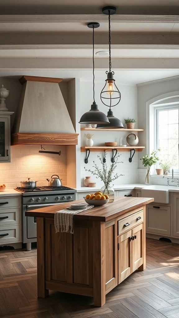 A cozy farmhouse kitchen featuring pendant lighting and a wooden island.