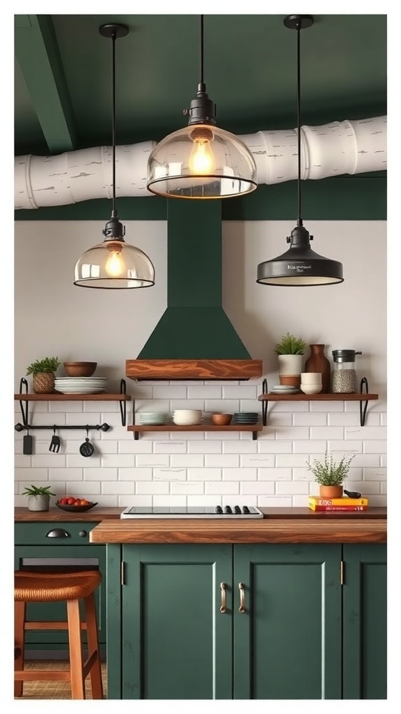 Rustic green kitchen with stylish pendant lighting