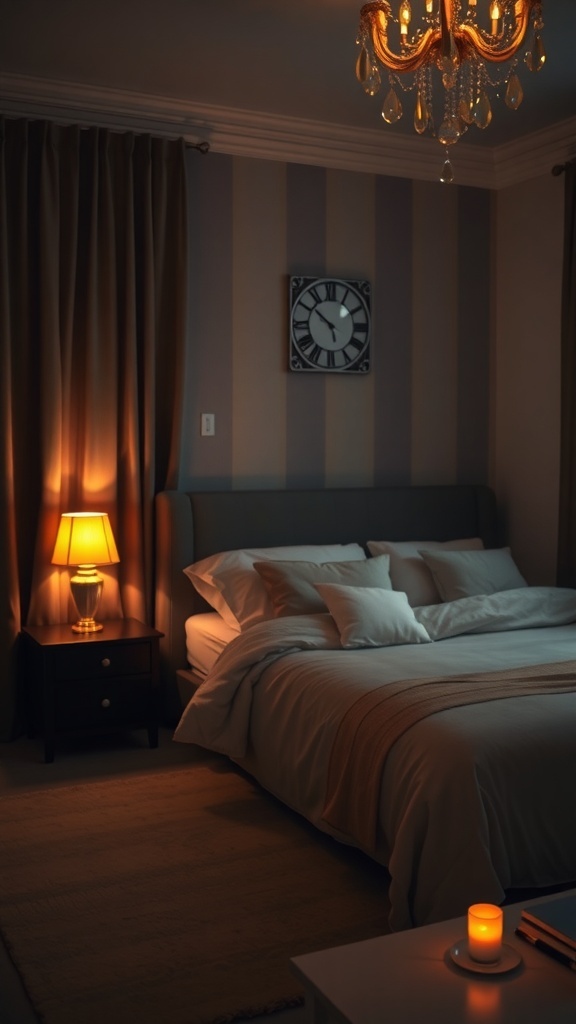 A cozy bedroom with warm lighting, featuring a chandelier, bedside lamp, and candle.