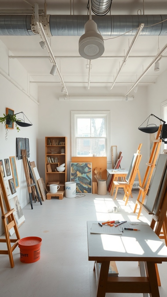 A bright artist room with easels, art supplies, and natural light coming through a window.