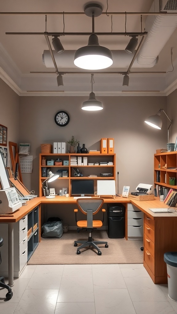 A well-lit craft room with overhead and task lighting, featuring a desk and organized shelves.