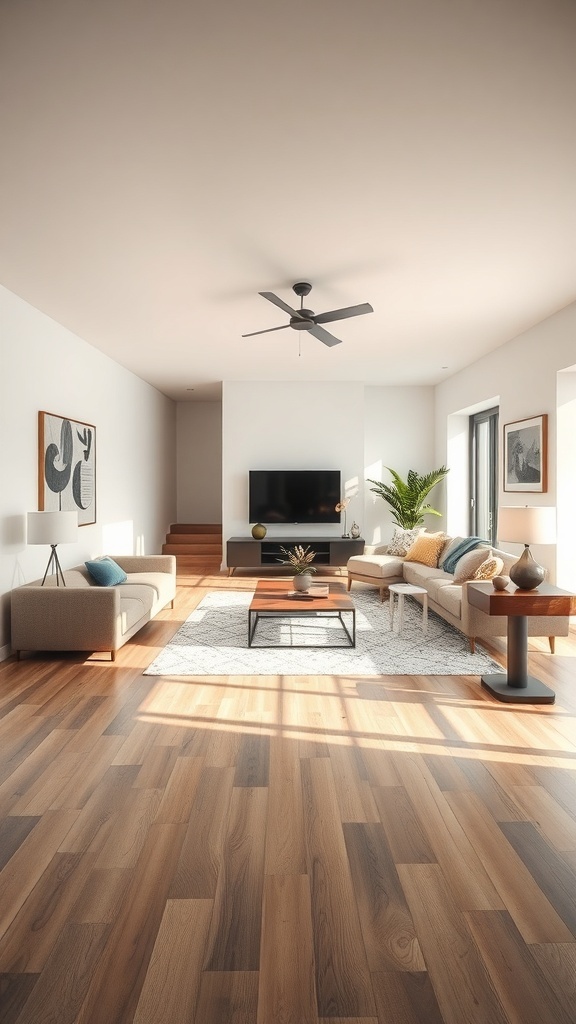 Modern living room with open-concept layout featuring natural light and stylish furniture.