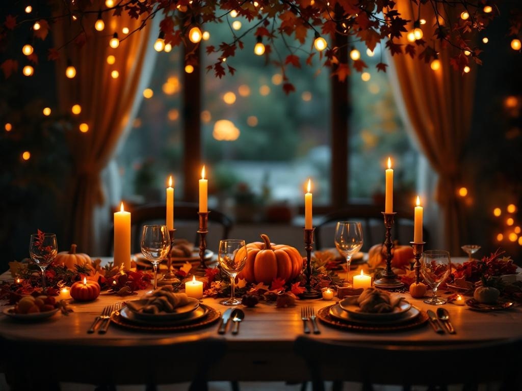 A beautifully set Thanksgiving dining table with candles and fairy lights creating a cozy atmosphere.