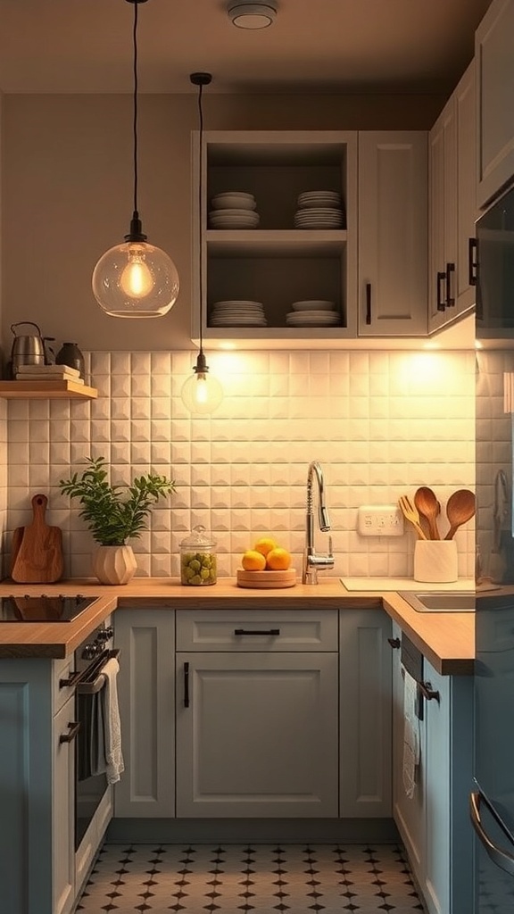 A cozy tiny farmhouse kitchen with warm lighting and decorative wall papers.