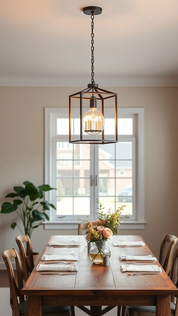 A modern pendant light hanging above a wooden dining table with a vase of flowers.