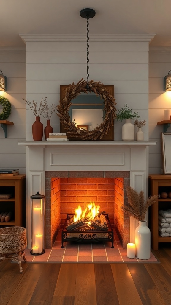 A modern farmhouse fireplace with warm lighting options, including candles and a lantern.