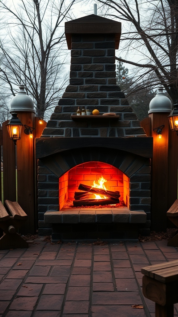 A rustic outdoor fireplace with warm lighting and logs burning inside.