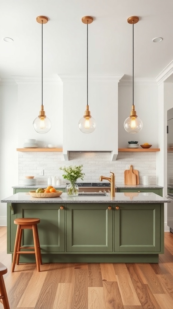 A sage green farmhouse kitchen with pendant lights and a wooden countertop.