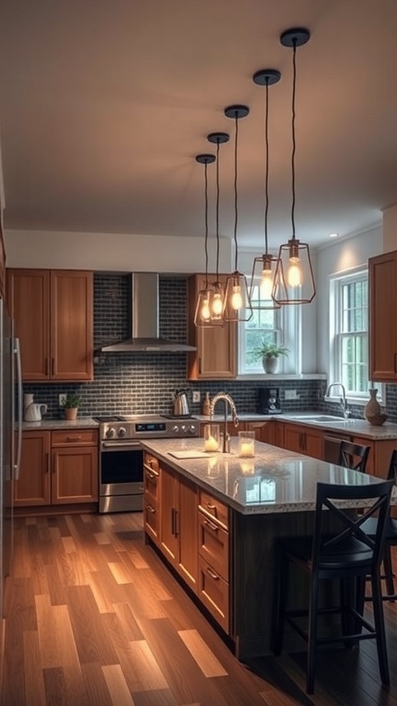 A modern kitchen with pendant lights over a peninsula island, featuring wooden cabinets and a cozy atmosphere.