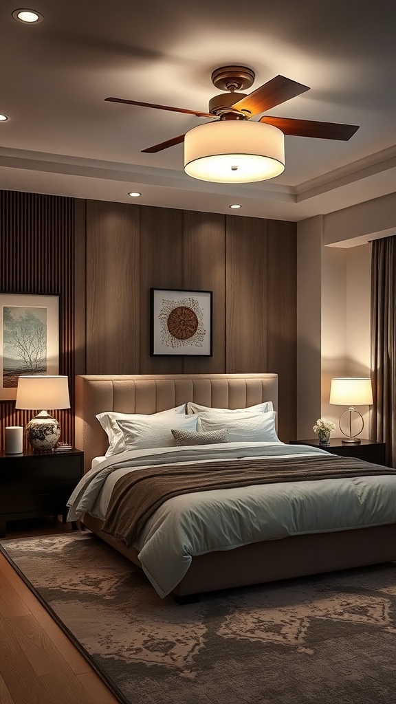 A beautifully designed master bedroom with soft lighting and a ceiling fan.