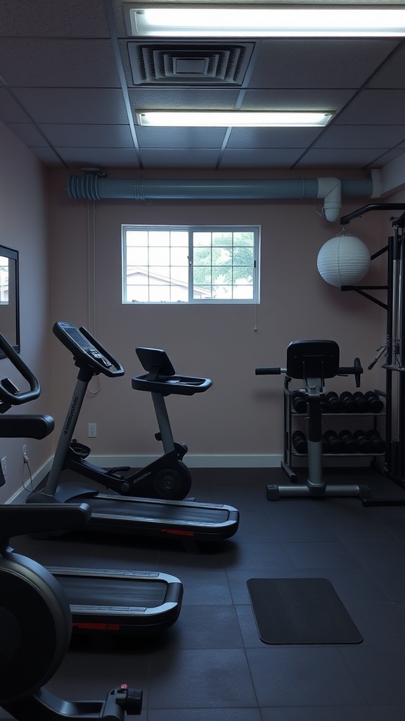 A home gym with exercise equipment, bright overhead lights, and a window for natural light.