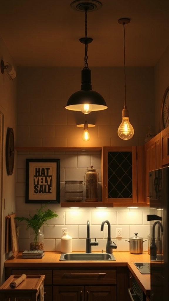 A cozy small kitchen with warm lighting from pendant and under-cabinet lights.