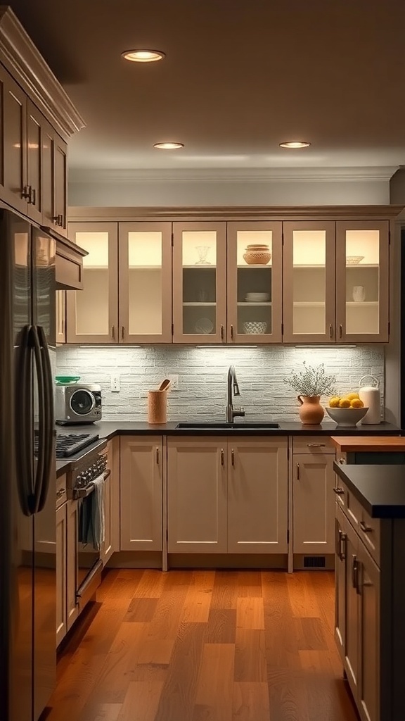A beautifully lit farmhouse kitchen showcasing cabinets with under-cabinet lighting.