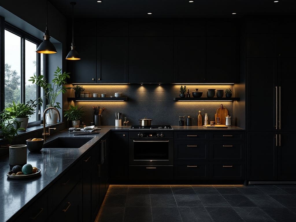 A stylish black kitchen with warm lighting, showcasing pendant lights and under-cabinet illumination.