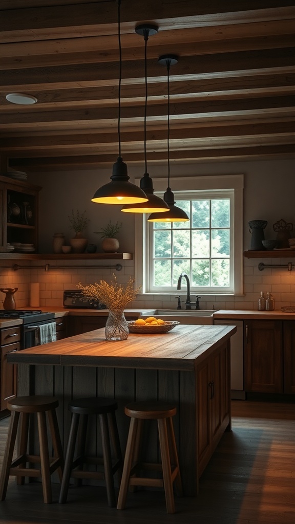 A rustic kitchen island with warm pendant lighting and wooden elements.
