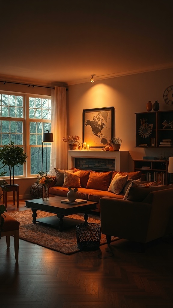 Cozy living room with warm lighting, orange sofa, and decorative elements.