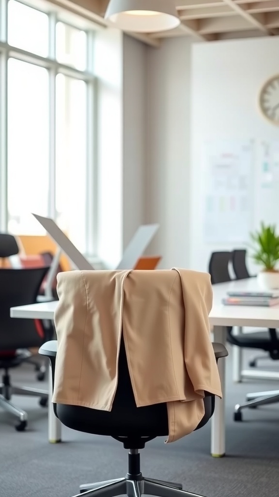 A beige lightweight blazer draped over a black office chair in a modern workspace.