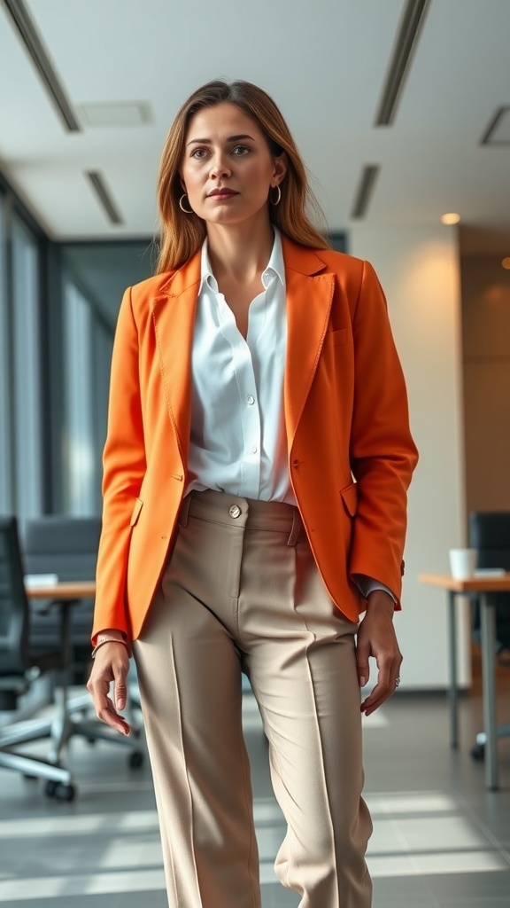 A young professional woman wearing a bright orange blazer and beige pants, standing in an office setting.