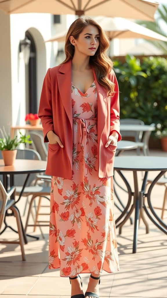 A woman in a coral lightweight blazer over a floral dress, standing outdoors.