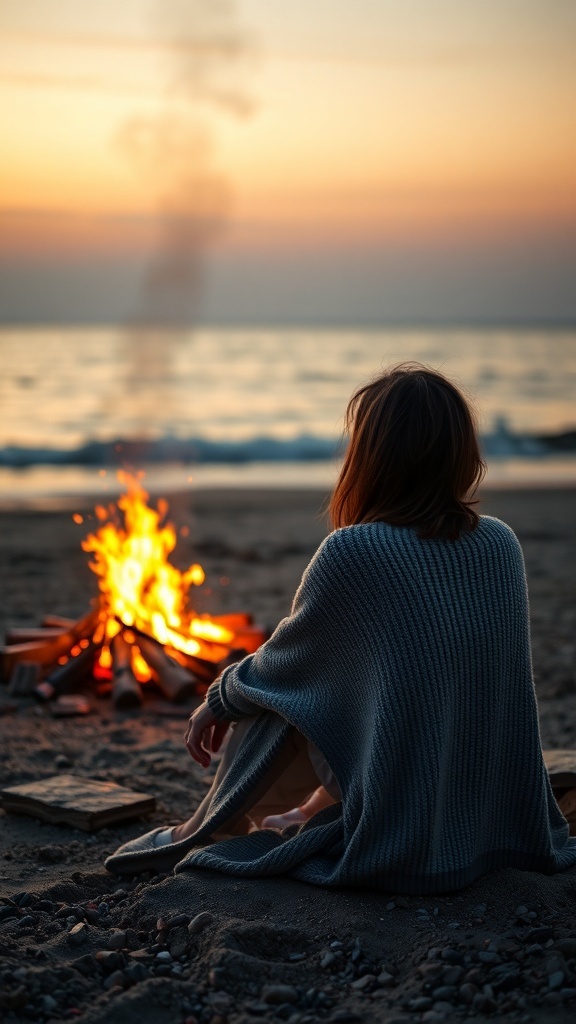 A woman sitting by a beach bonfire, wearing a lightweight cardigan, enjoying the sunset.