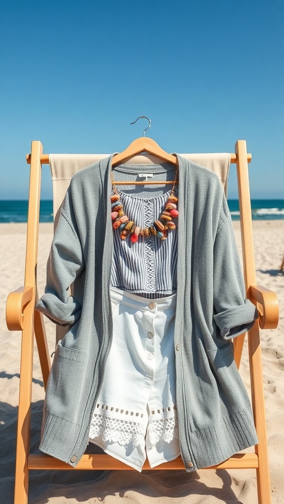 A woman in a lightweight cardigan sitting on a beach chair, enjoying the sun.