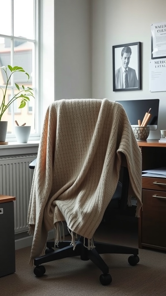 A beige lightweight cardigan draped over an office chair in a bright workspace.