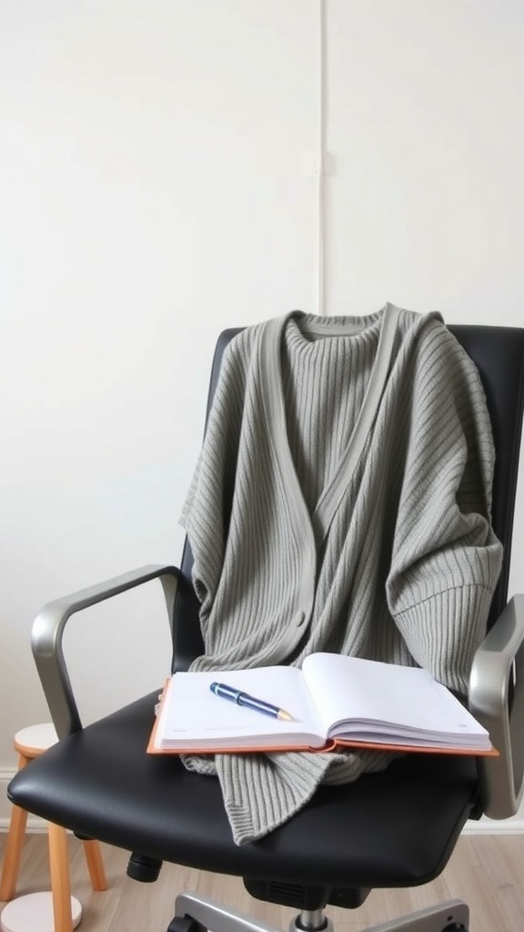 A lightweight gray cardigan draped over a chair next to an open notebook and pen.