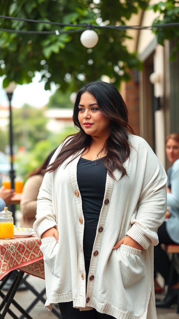 A plus-size woman wearing a lightweight cardigan, standing outdoors with a relaxed expression.