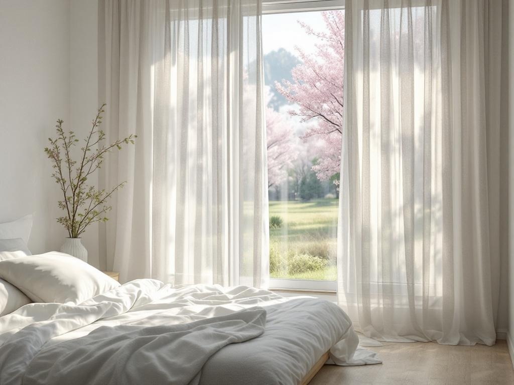 A bright bedroom with sheer curtains and a view of blooming trees outside.