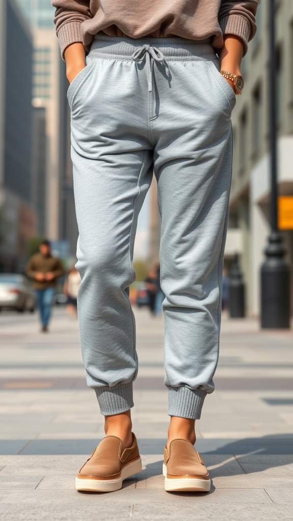 A person wearing light blue joggers and brown slip-on shoes, standing on a city street.