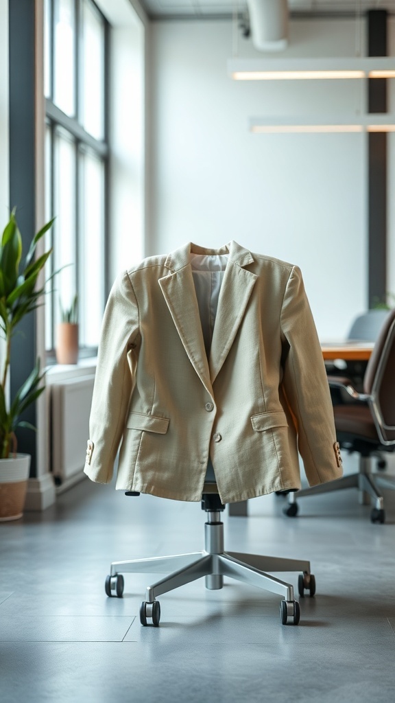 A lightweight beige linen blazer displayed on a rolling office chair in a bright workspace.