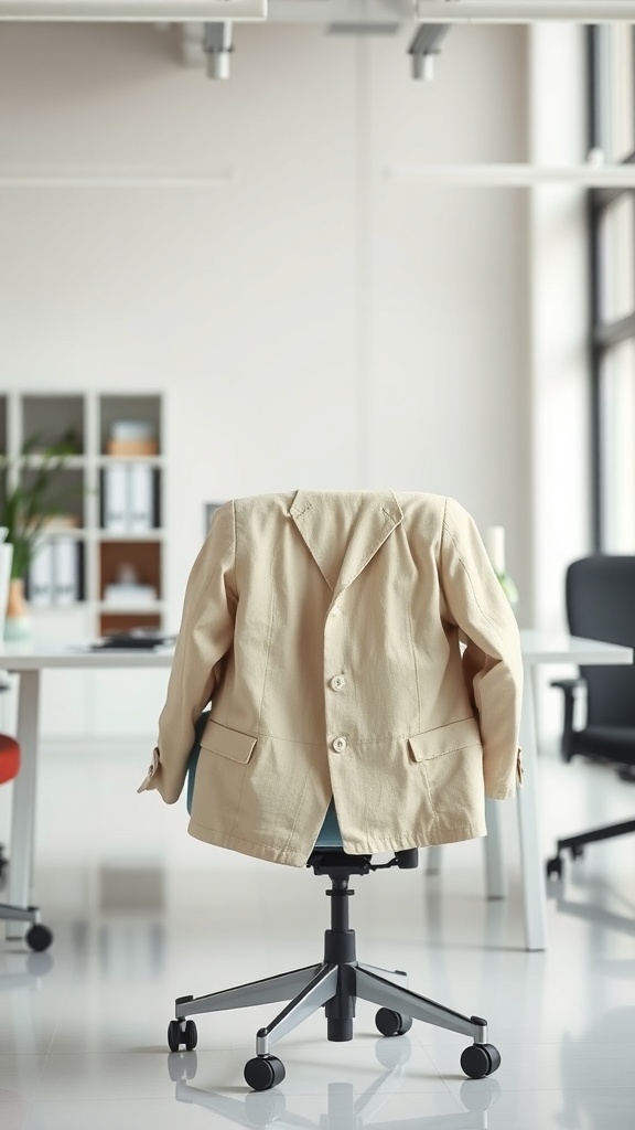 A lightweight linen blazer draped over an office chair in a modern workspace.