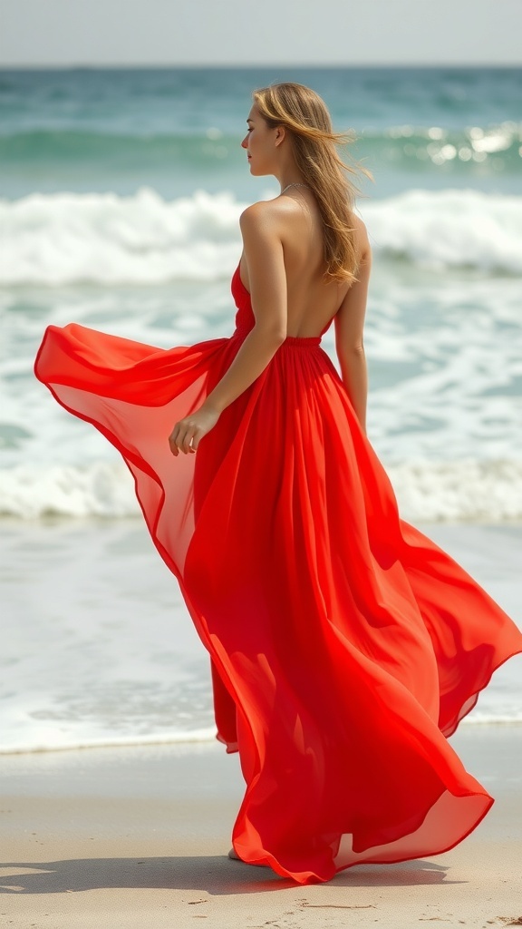 A woman in a flowing red maxi dress walking along the beach with waves in the background.
