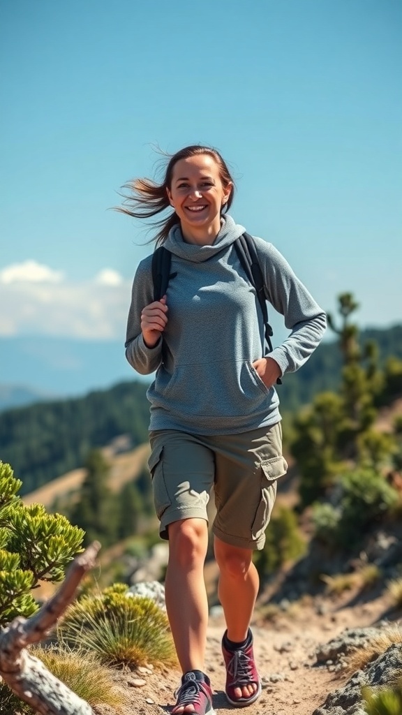 A person wearing a lightweight pullover and cargo shorts, walking on a path surrounded by trees.
