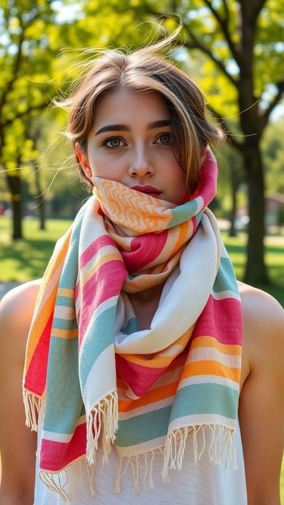 A young woman wearing a colorful striped scarf outdoors, showcasing a stylish summer look.