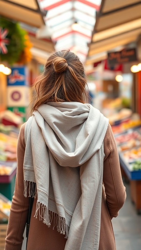 A woman with a light scarf draped over her shoulders, standing in a market