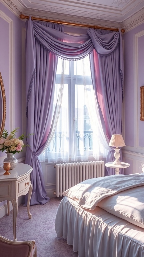 A pastel bedroom featuring lilac curtains and bedding with white furniture.