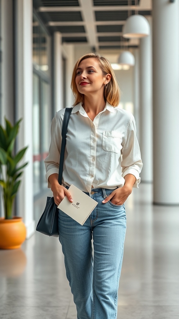 A woman in a linen shirt and relaxed fit jeans walking in a modern office space.