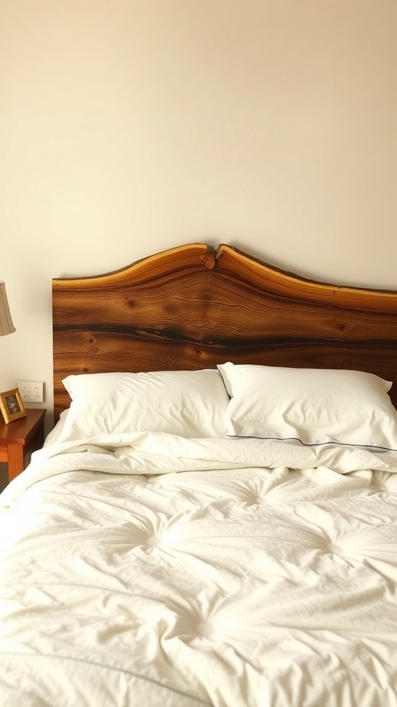 A rustic bed frame with a live edge headboard, featuring white bedding and a bedside lamp.