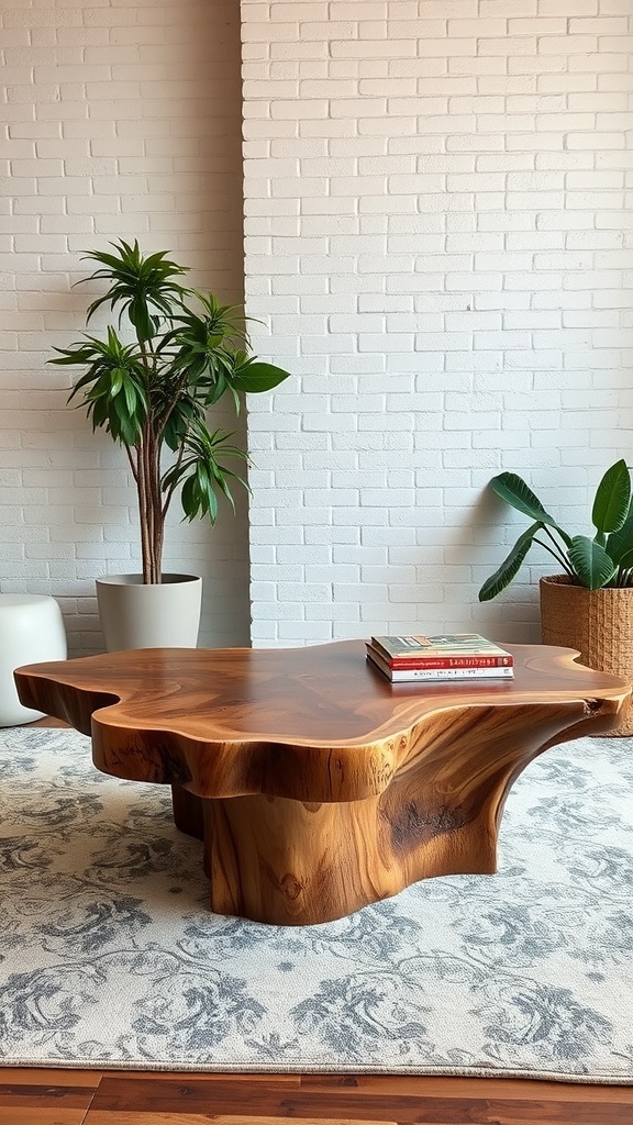 A rustic live edge wood coffee table with a unique shape, placed in a cozy living room setting.