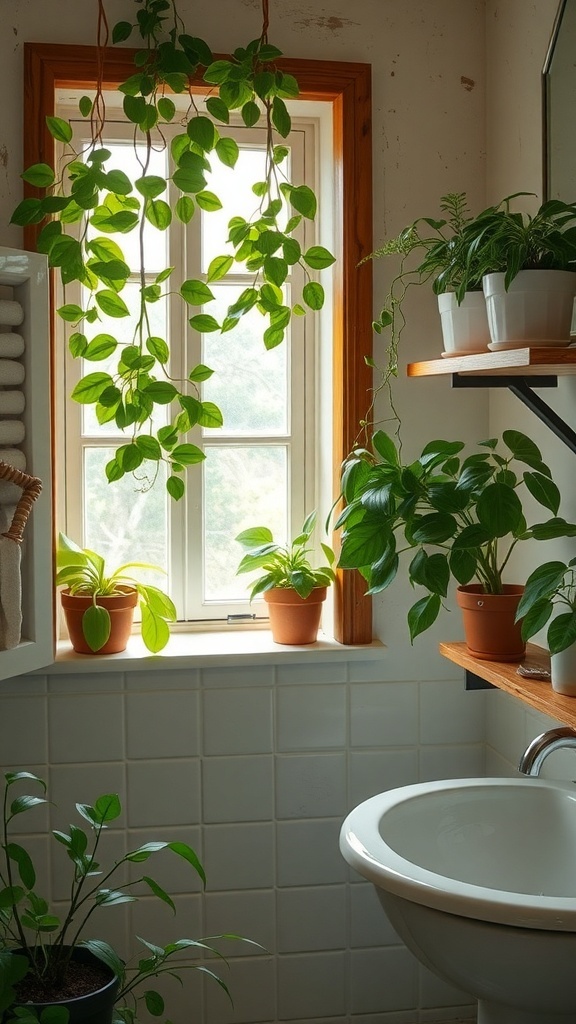 A rustic bathroom with various live plants near a window and on shelves.