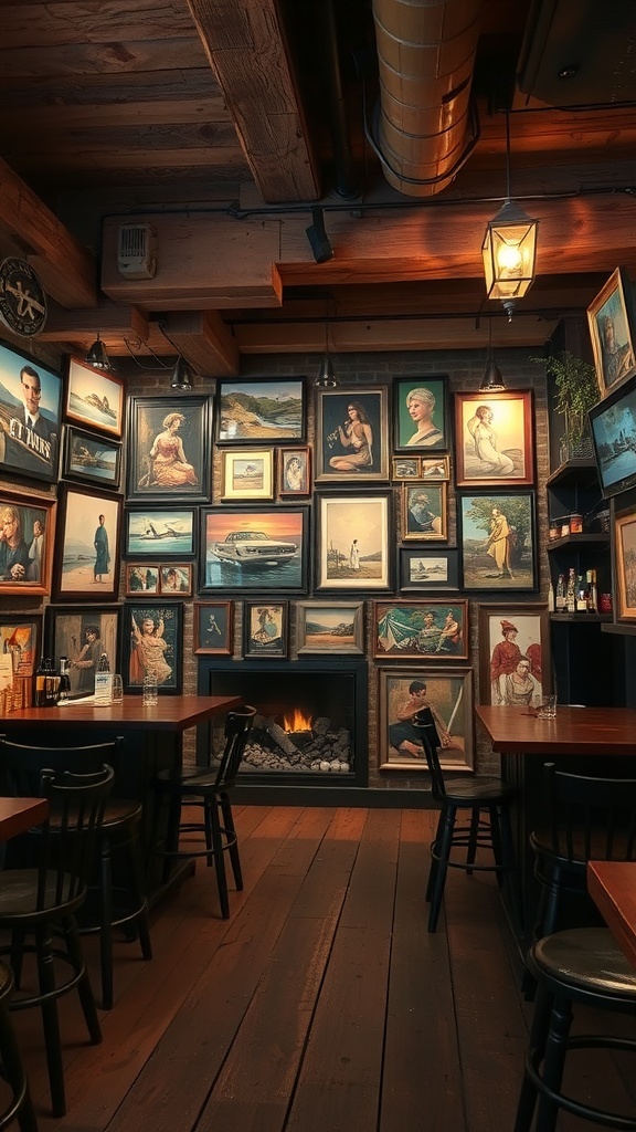 Rustic bar interior with a wall of framed art and wooden tables.